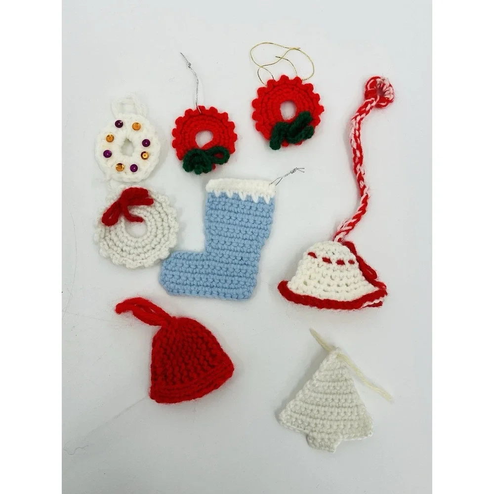 Lot Of 8 Handmade Crochet Knit Christmas Ornaments Vintage Wreaths Stocking Bell